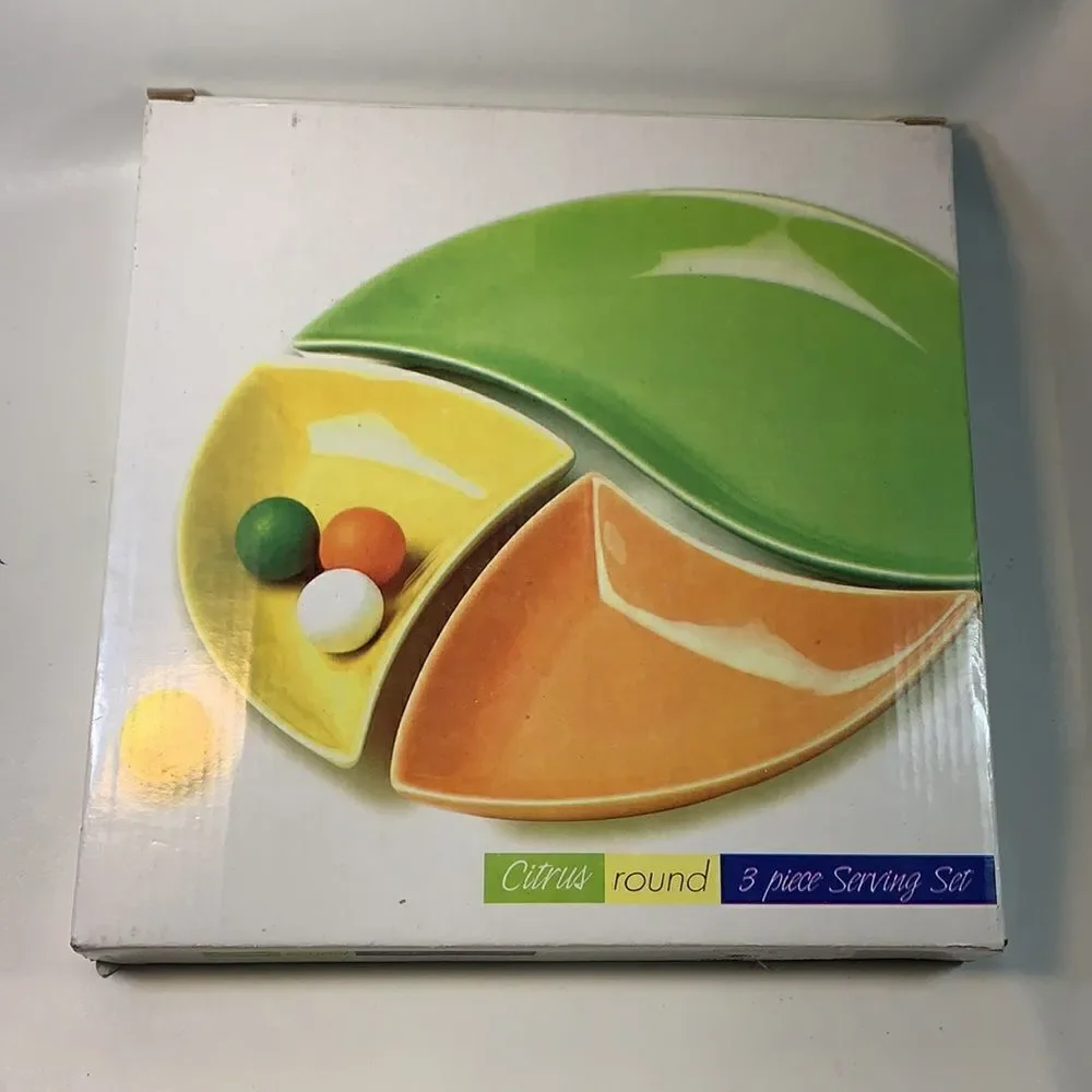 Citrus Round 3 Separate Piece Melamine Serving Set Orange Green Yellow New